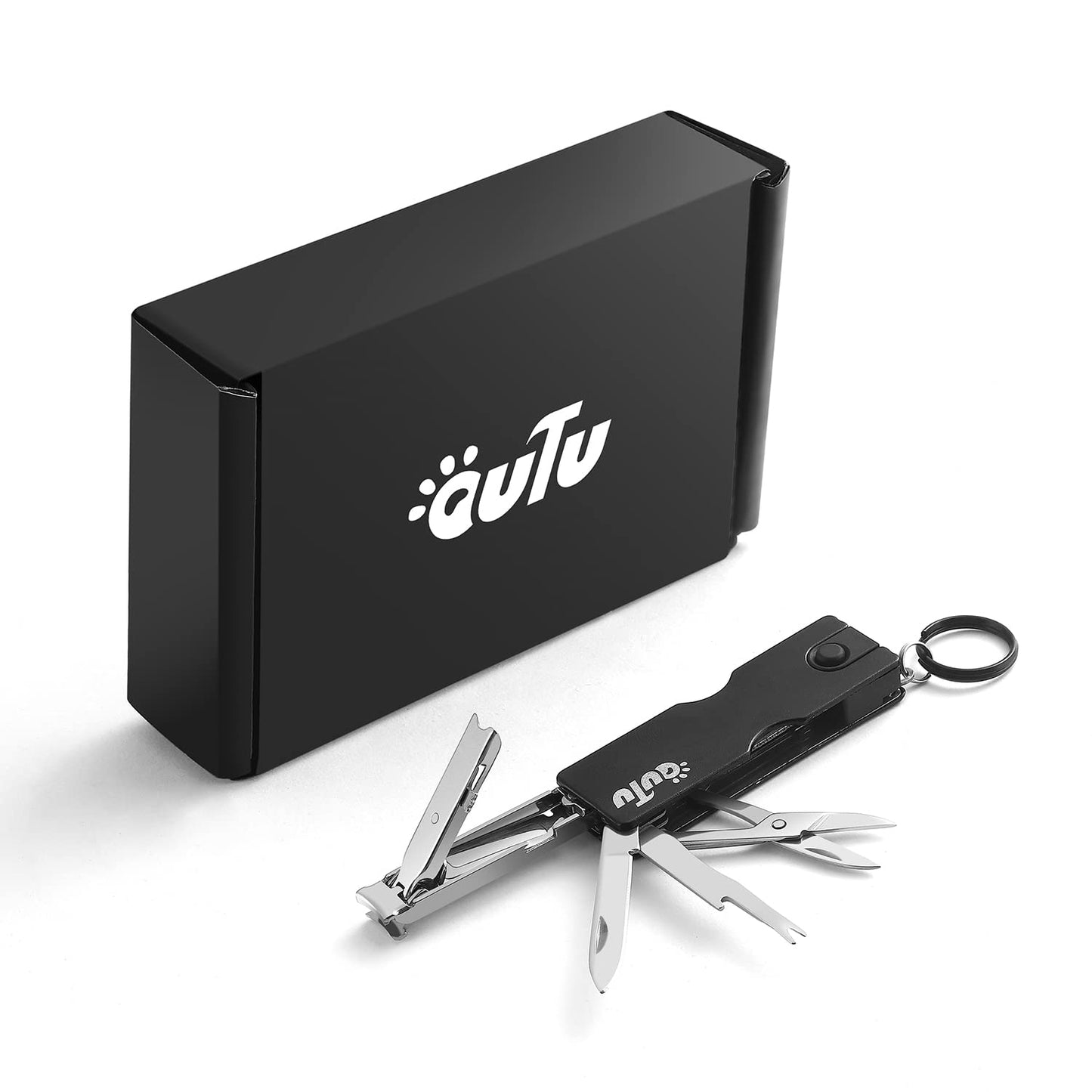 OUTU Keychain Nail Clippers Multitool, 8 in 1 EDC Utility Tool with Nail Clipper, Scissors, Tweezers, Gifts for Him Men Husband Dad Boyfriend (Black)