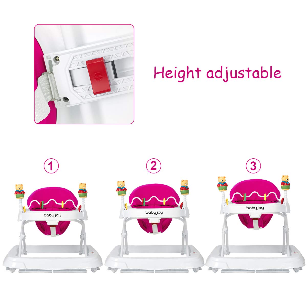 BABY JOY Baby Walker, Foldable Activity Walker with Adjustable Height, Large Tray & Removable Toys, Baby Walker with Wheels for Boys Girls 6-18 Months (Pink)