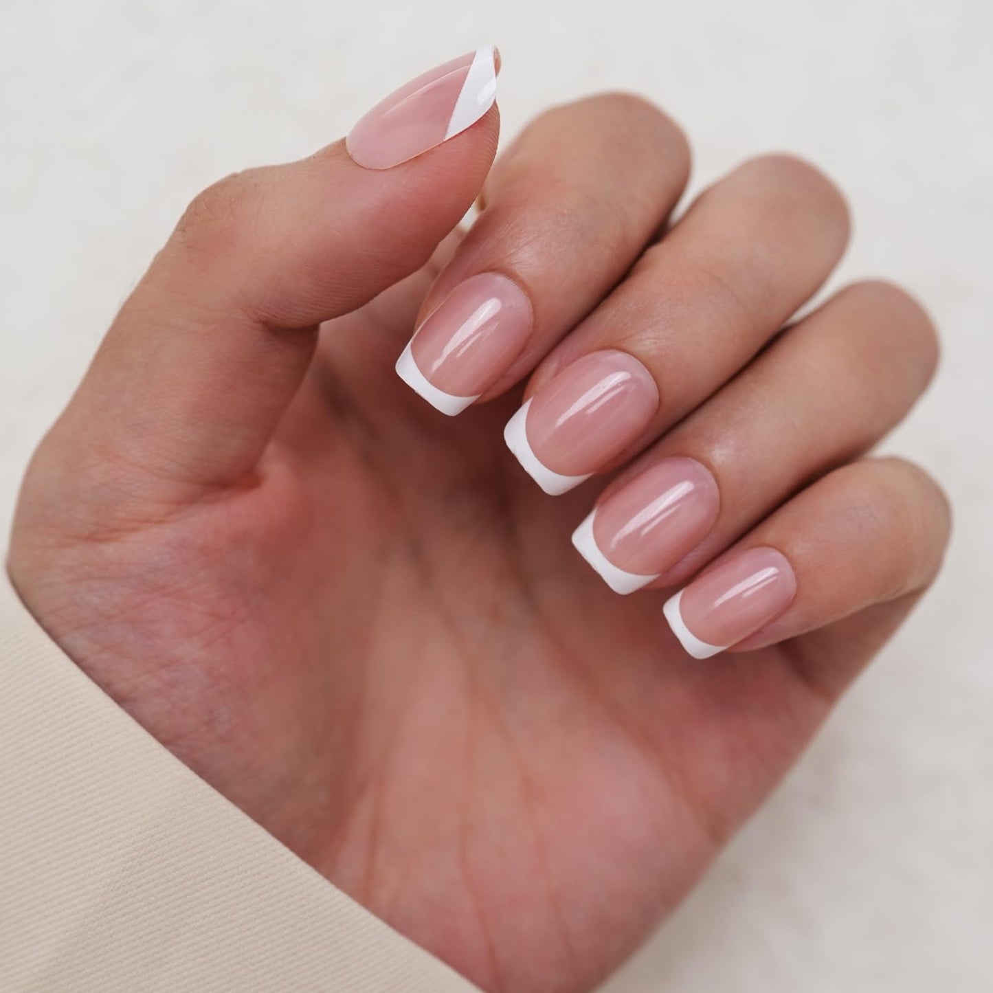 ESLALA French Tip Press On Nails, Short Squoval Fake Nails,Glossy Pink with White Tip Design, Reusable Stick On Fake Nails with Glue | 16 Sizes - 32 Nail Kit(01-Squoval French tip)