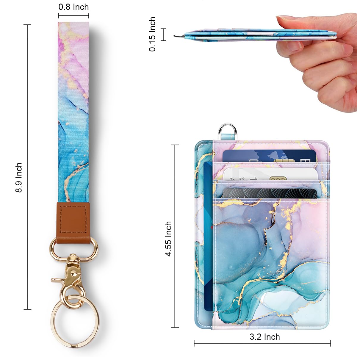 Coco Rossi Slim Front Pocket Wallet Minimalist RFID ID Card Holder Cute Small Wallets with Wrist Lanyards Key Chain Holder for Women, Gradient Marble