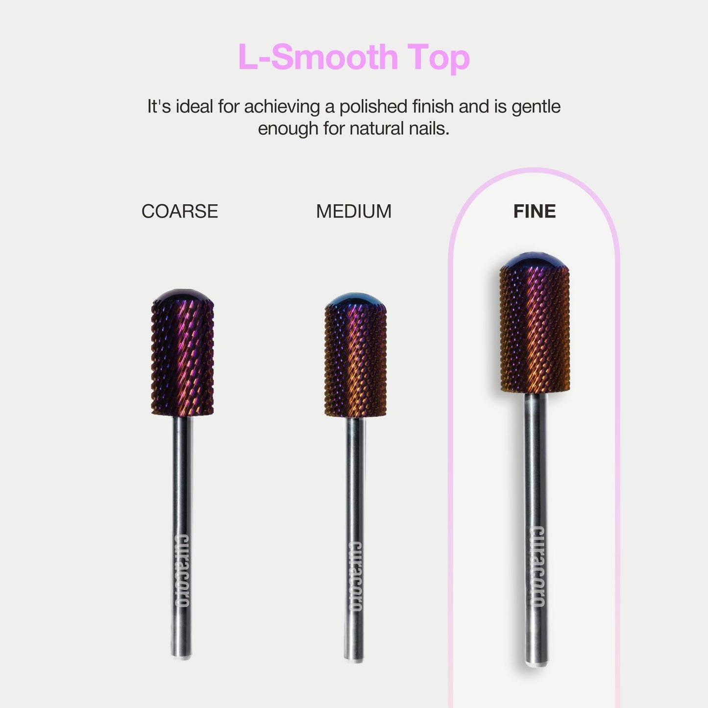 Curacoro Nail Drill Bits 3/32'' - L-Shape Smooth Stop Barrel Carbide Bit (Fine) for Professional Finish, Gently Remove, Buff & Polish Gel Nails, Nail Art Pedicure Manicure Salon & Home