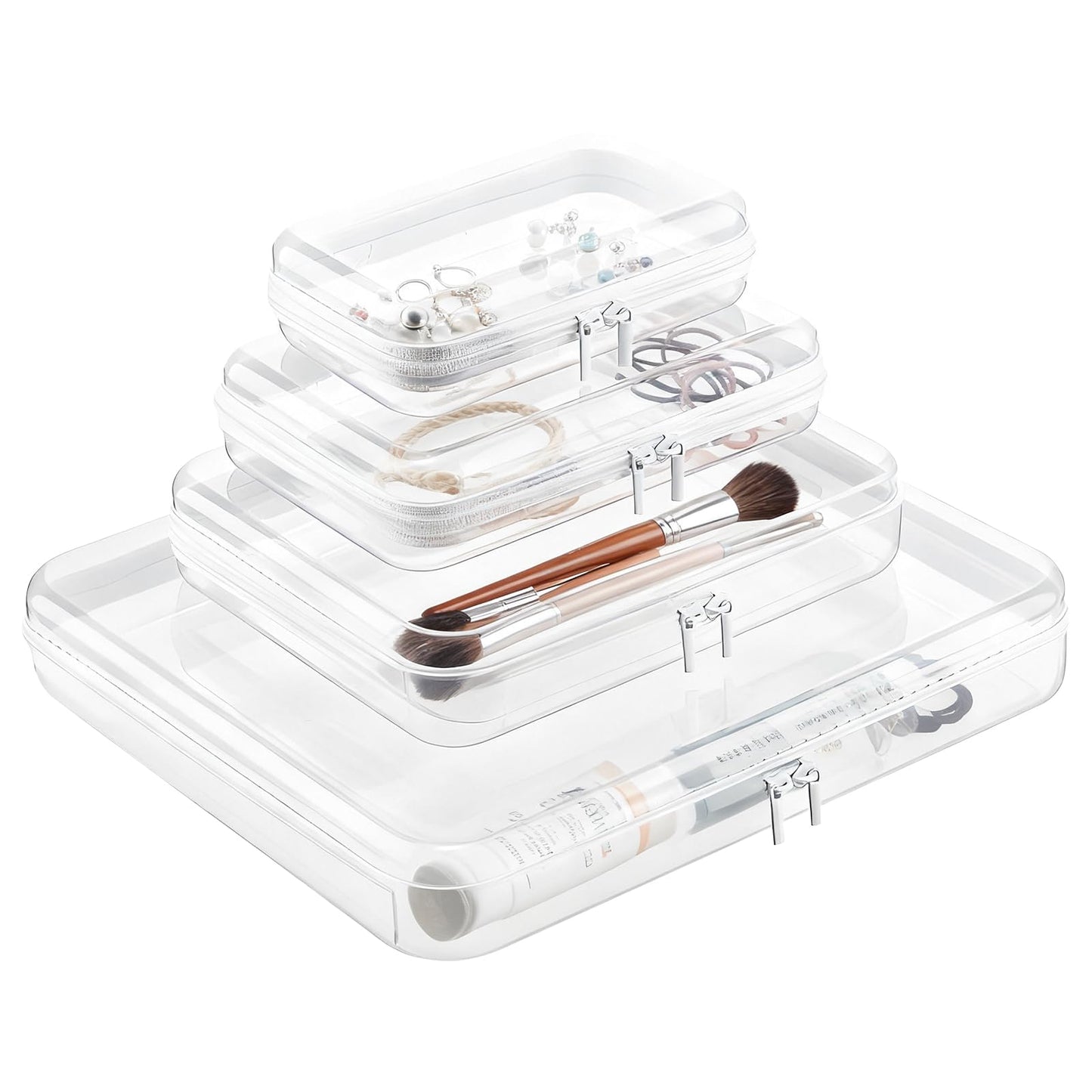 TQXOFDV Clear PET Plastic Storage Boxes with Double Zippers, 4 Sizes (S/M/L/XL) Waterproof Organizer Cases for Toys, Cosmetics, Snacks, Travel Essentials (White)