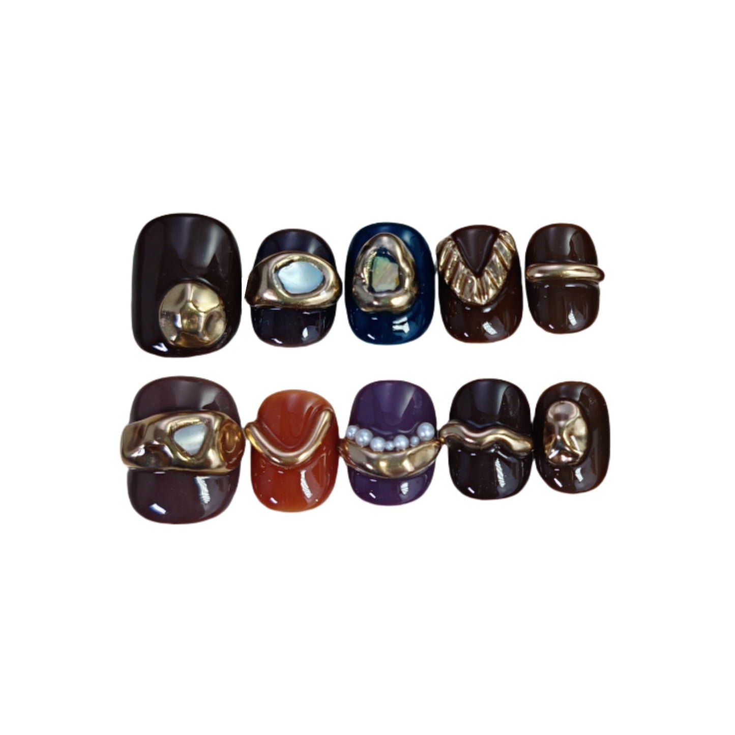 Extra Short Press on Nails Squoval False Nails Handmade with 3D Designs/Charms, Cute Reusable Fake Stick on Tips (Golden Brown#Small)