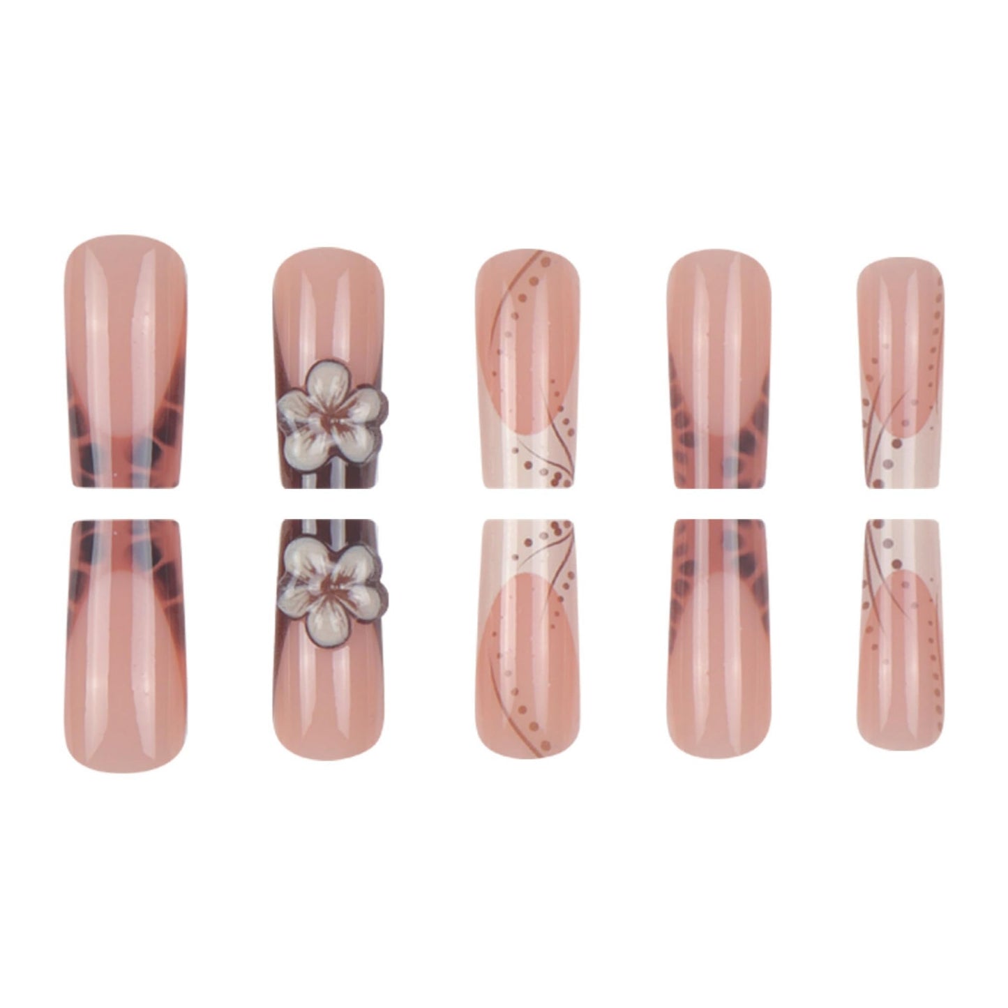 Long Press on Nails Square Fake Nails Brown Artificial Nail Leopard 3D Flowers Stick on Nail for Women 24pcs