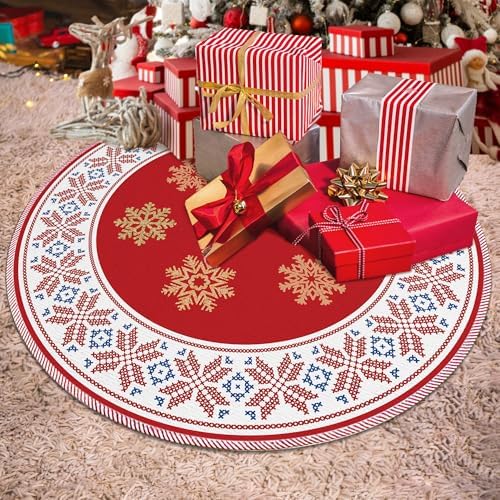 Red Christmas Tree Skirt 36 Inch, Red Christmas Decorations, Winter Xmas Snowflake Reindeer Tree Skirt for Home Xmas Party Winter Holiday Decor