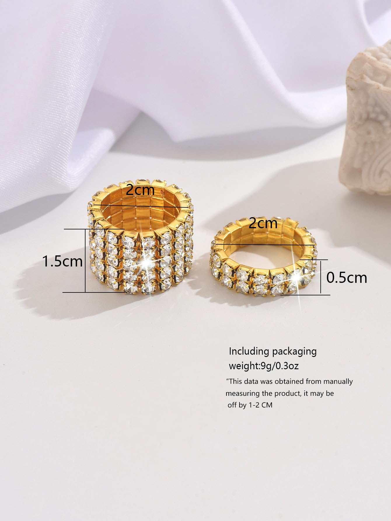 2PCS Rhinestone Stretch Ring for Women Sparkling Gold Silver Black Crystal Knuckle Ring Set Fashion Crystal Stackable Finger Rings Set Elegant Bridal Wedding Stretchy Statement Rings Jewelry (Gold)