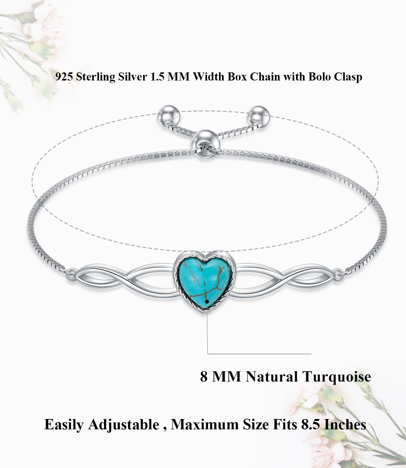 DOLIOX Genuine Heart Turquoise Adjustable Bracelet for Women with Infinity 925 Sterling Silver Box Chain Jewelry 6.5 to 7.5 Inch