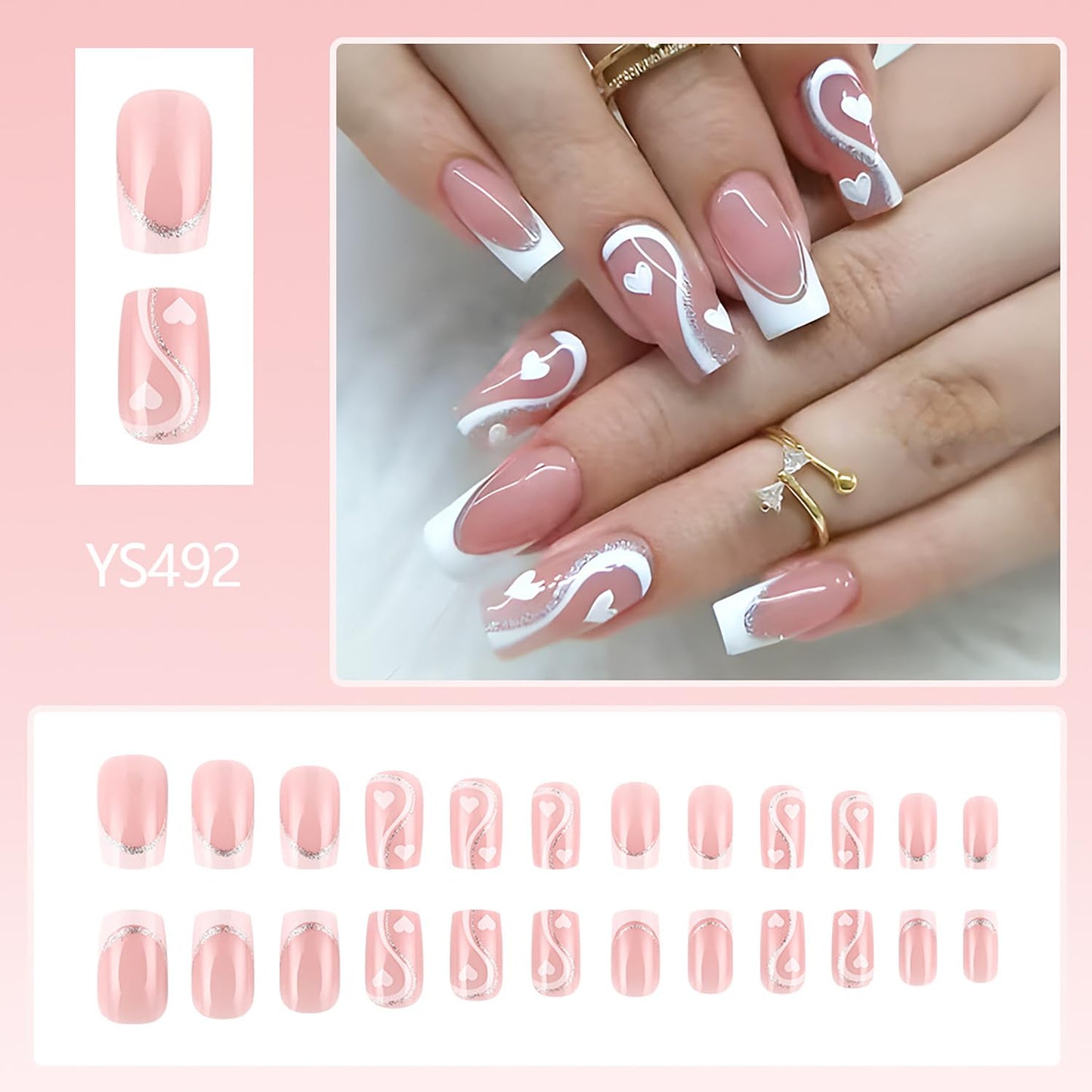 24Pcs Valentine's White French Tip Press on Nails Medium Square White Love Heart Stripe Design Full Cover Coffin Nails Artificial Stick on Nails DIY Holiday Acrylic Nails Set for Women