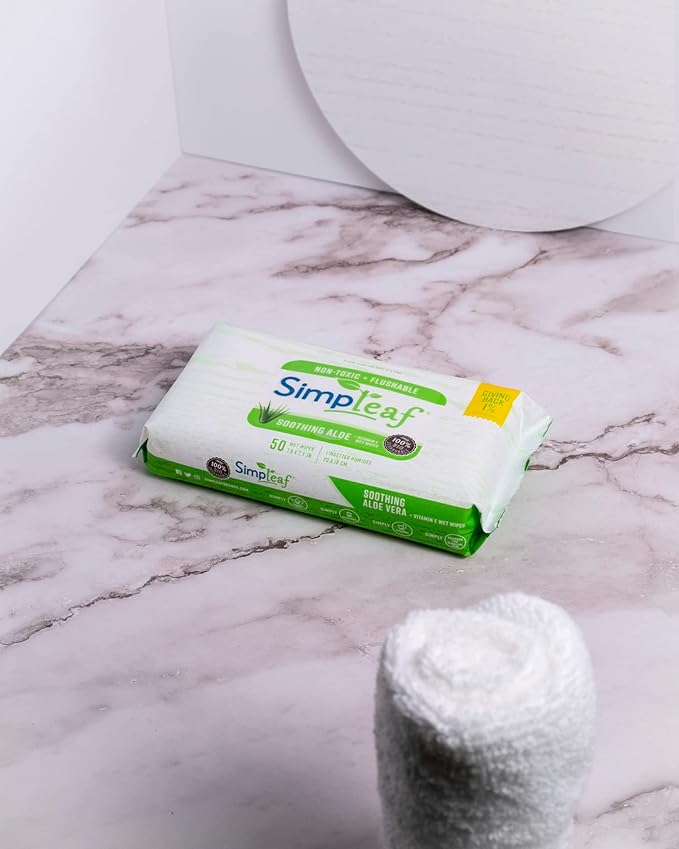 Simpleaf Flushable Wet Wipes Aloe Vera | Plastic Free, Paraben & Alcohol Free | Hypoallergenic & Safe for Sensitive Skin | Soothing Aloe Formula | Adult Toilet Wipes (6 x 50 Counts Pack) 300 Counts