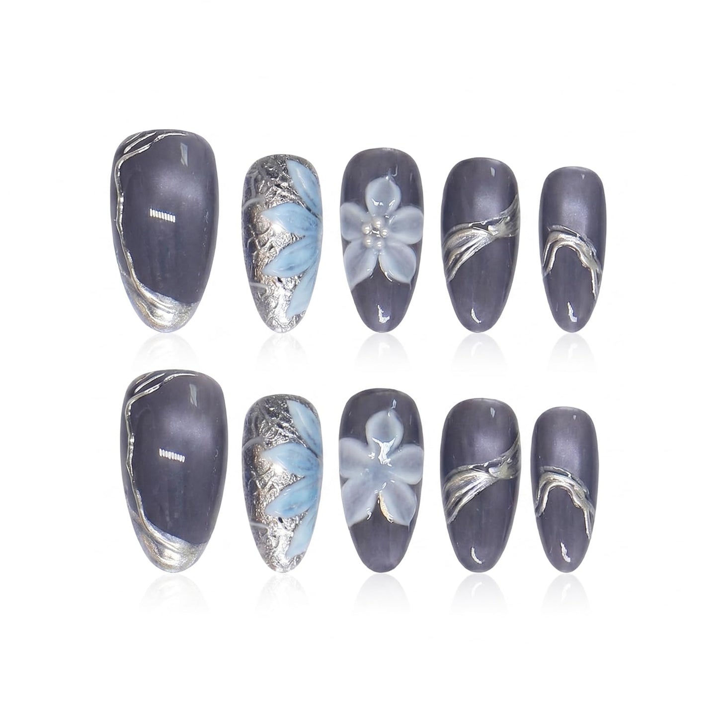 IMRAIN Almond Press on Nails, Medium Fake Nails, Purple Cat Eye 3D Sculpted Flower Pearl, 30 Pcs Reusable Glue on Nails for Women, Salon Quality