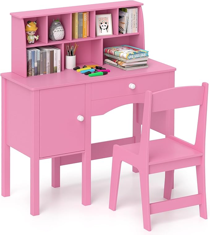 Costzon Kids Desk and Chair Set, Wooden Children Study Desk w/Hutch, Large Cabinet and Drawer for Home School Writing, Reading & Drawing, Computer Workstation Student Table and Chair for 3+ (Pink)