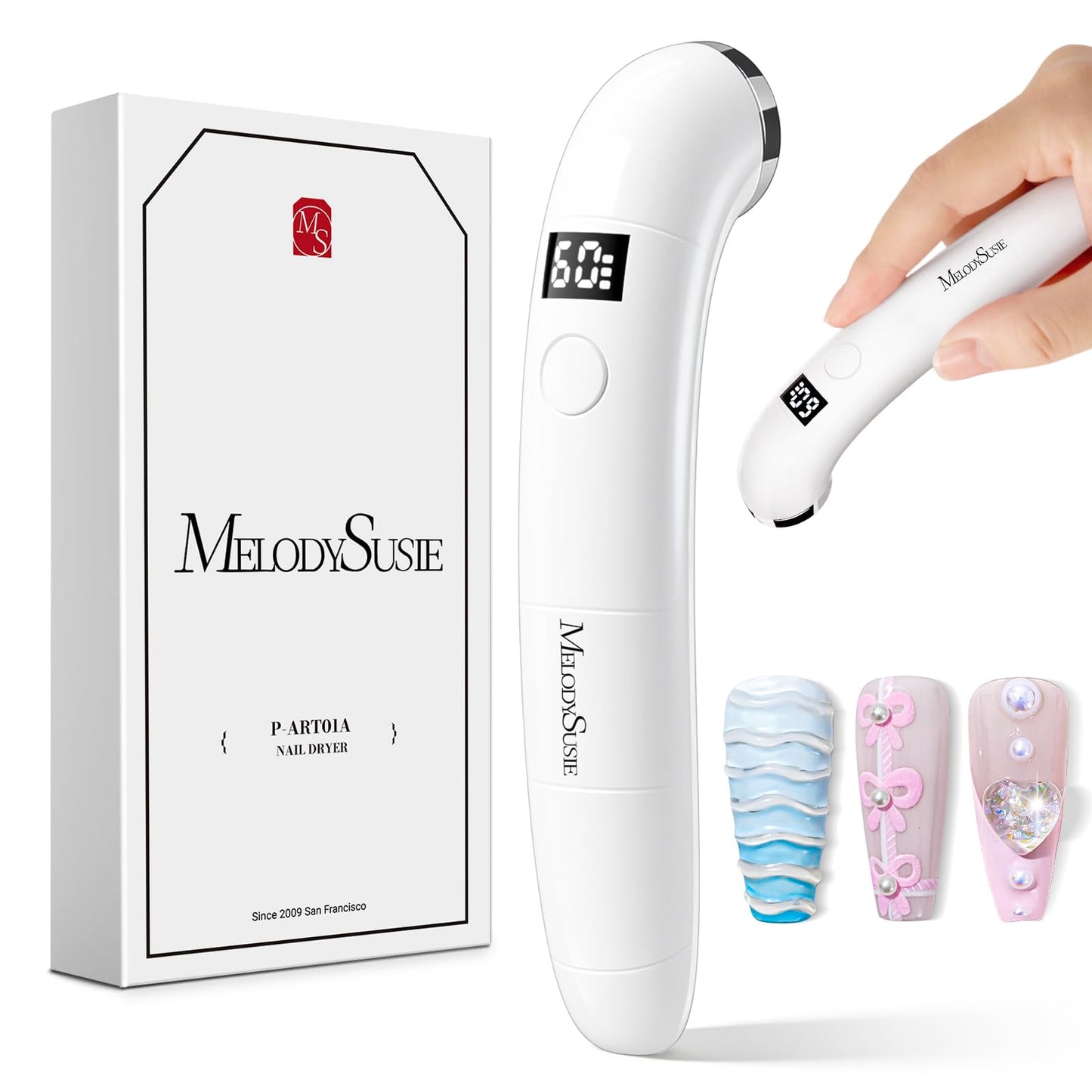 MelodySusie Ergonomic Handheld Cordless UV Nail Lamp with LCD Display & 2 Timers, P-Art01A Rechargeable Mini UV LED Light Flash Cures All Soft Gels, Especially Rhinestone Glue & Liner Gel White
