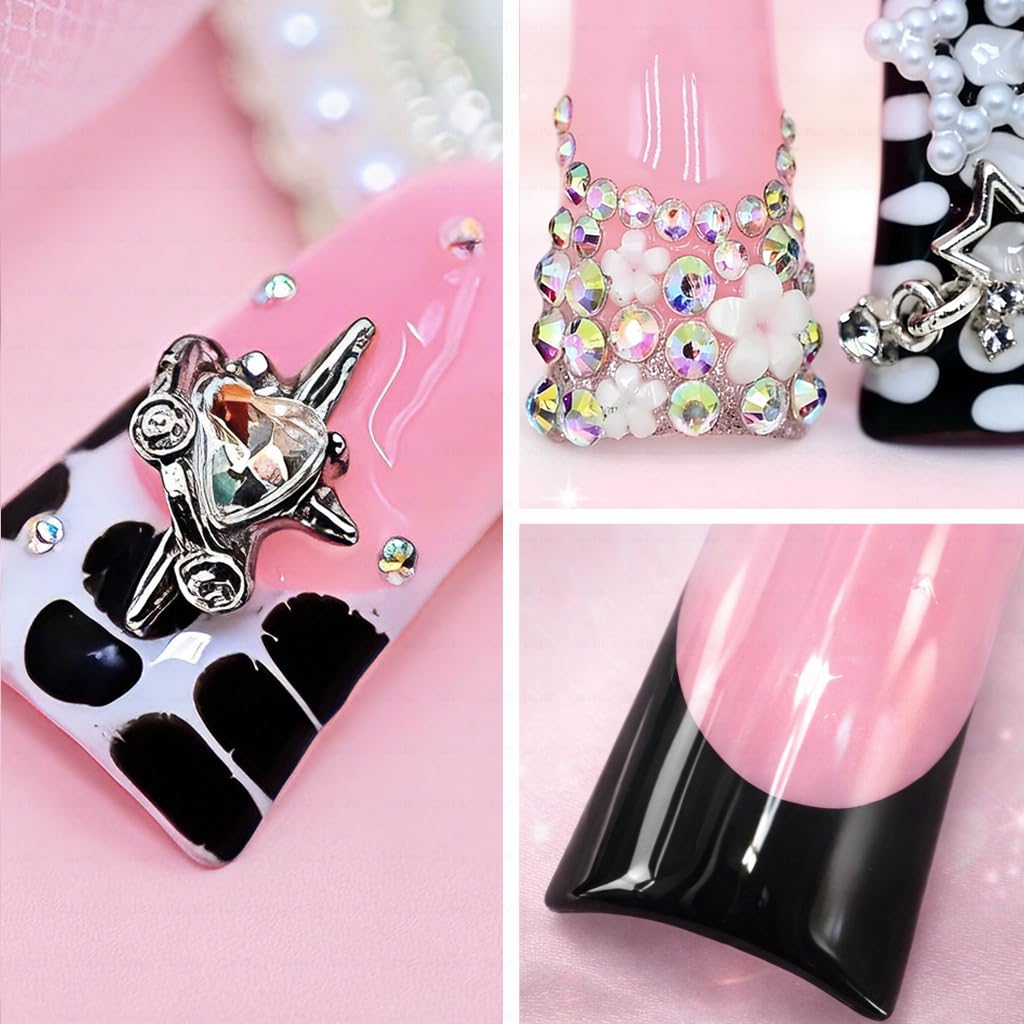 IntoVibes 10 Pieces Luxury Acrylic Press On Nails Long Handmade Duck Nails, Black Thickened False French Nails, With 3D Bowknot And Stars, Reusable Fake Nails, Acrylic Nails (M)