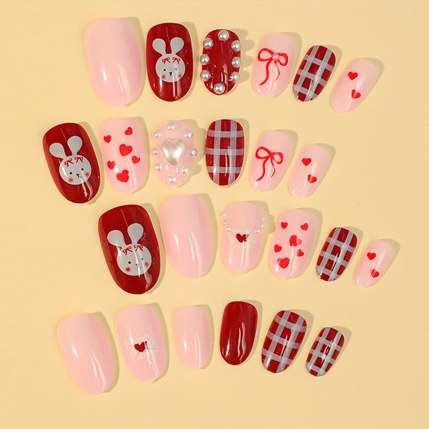 24Pcs Cute Valentines Press on Nails Short Oval Fake Nails with 3D Heart Pearls Designs Red Bow Love False Nails Red Glossy Full Cover Cute Rabbit Envelope Gel Artificial Stick on Nails for Women