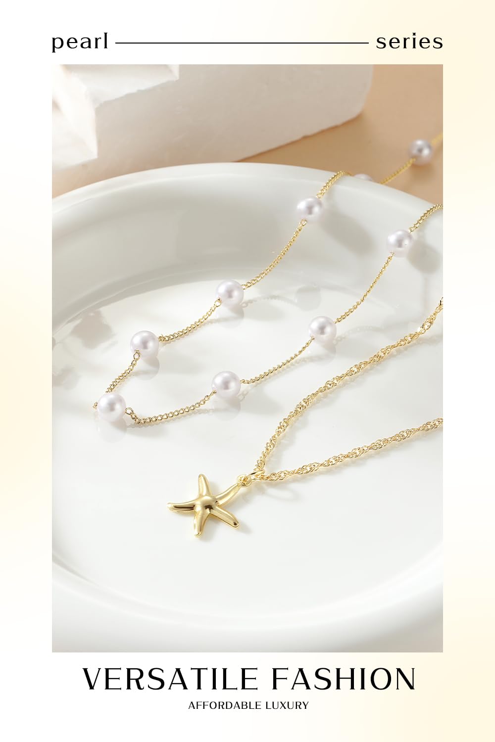 Beach Layered Starfish Necklace for Women, 14K Gold Plated Shell Conch Seashell & Pearl Charm Pendant, Dainty Coastal Summer Vacation Jewelry