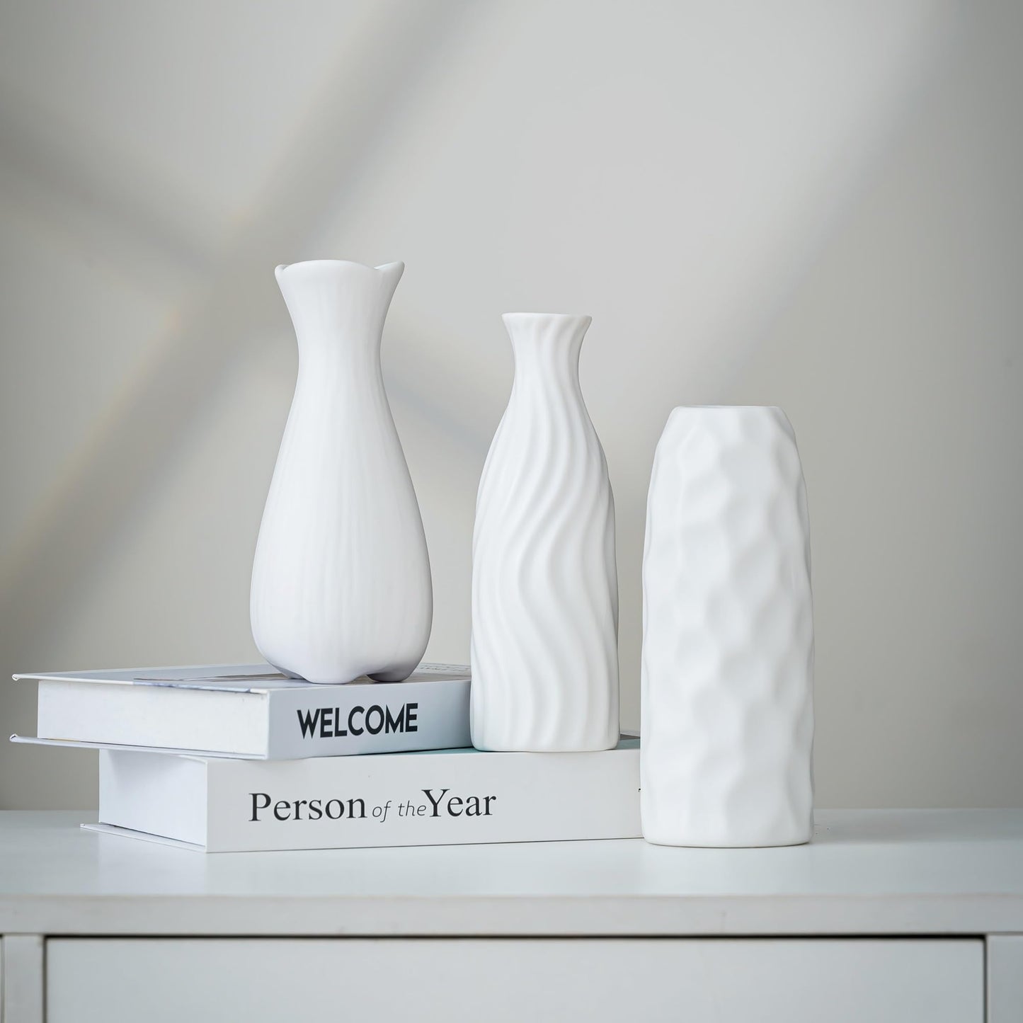 JKT Home White Ceramic Vase Set Home Decor – Farmhouse & Boho Decorative Vase Set for Kitchen, Living Room, Bedroom, Office, Bookshelf Decor, Bathroom, Centerpiece Table Decor