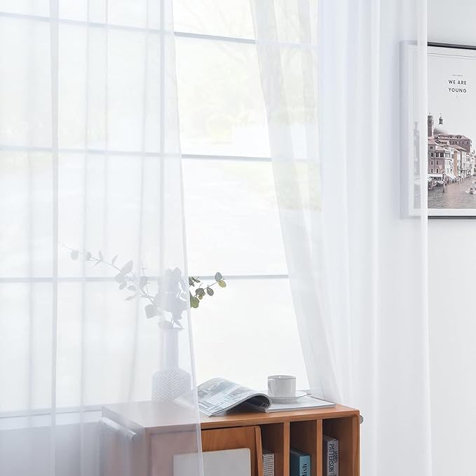youleyar Solid Sheer Rod Pocket Curtain Voile Draperies 2 Panels White Beige Black Grey Coffee 26 Inch Width 40 Inch Long 1 Pair for Kitchen Bedroom Children Living Room Yard(White,26Wｘ40L)