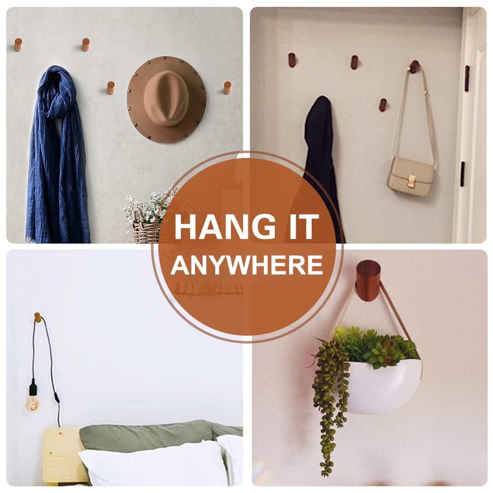 Felidio Wood Wall Hooks, 4 Pack Coat Hooks Wall Mounted, Rustic Wooden Heavy Duty Robe Hook Hat Rack, Hooks for Hanging Bathroom Towels Clothes Hanger (Walnut Wood)