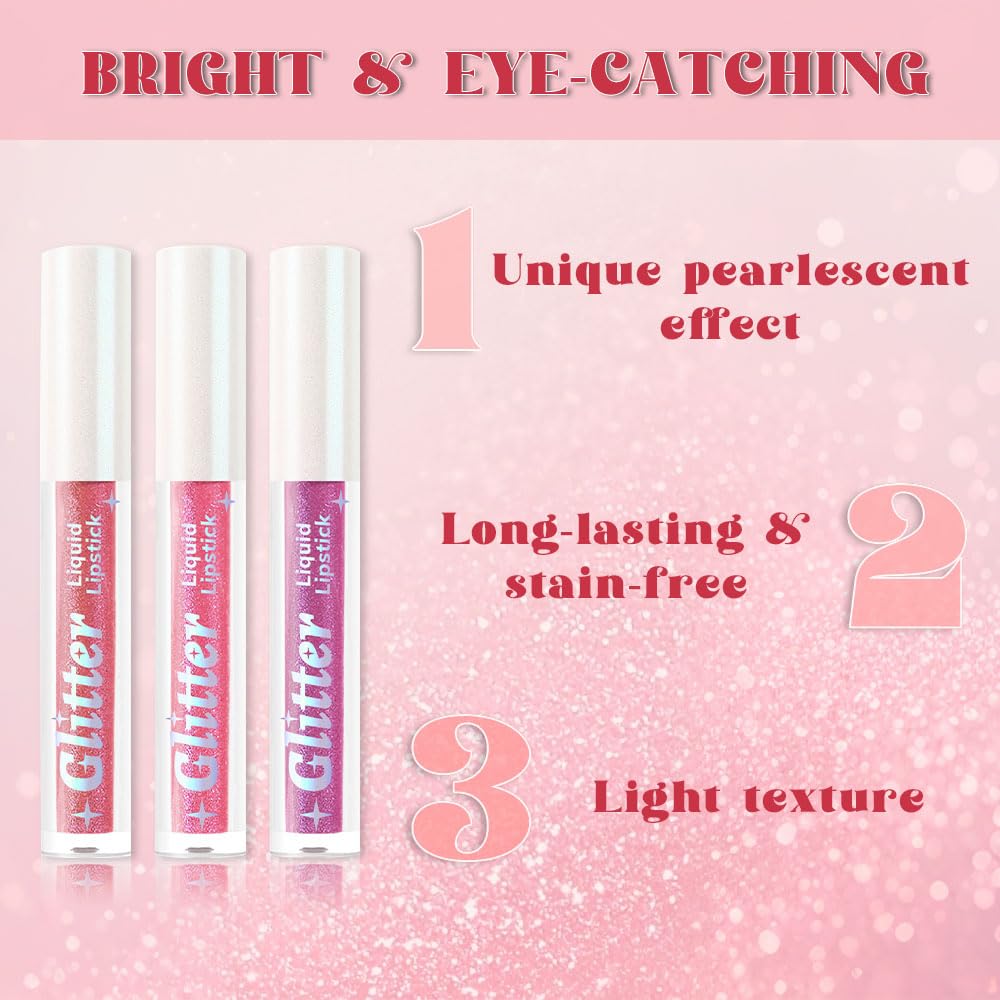 3Pcs Metallic Lipstick for Women,Lightweight Glitter Sparkling Liquid Lipsticks,Shimmer Lip Gloss Stain Long Lasting Waterproof Smudge Proof Non-Drying 24 Hour Full Coverage Lip Makeup,Vegan