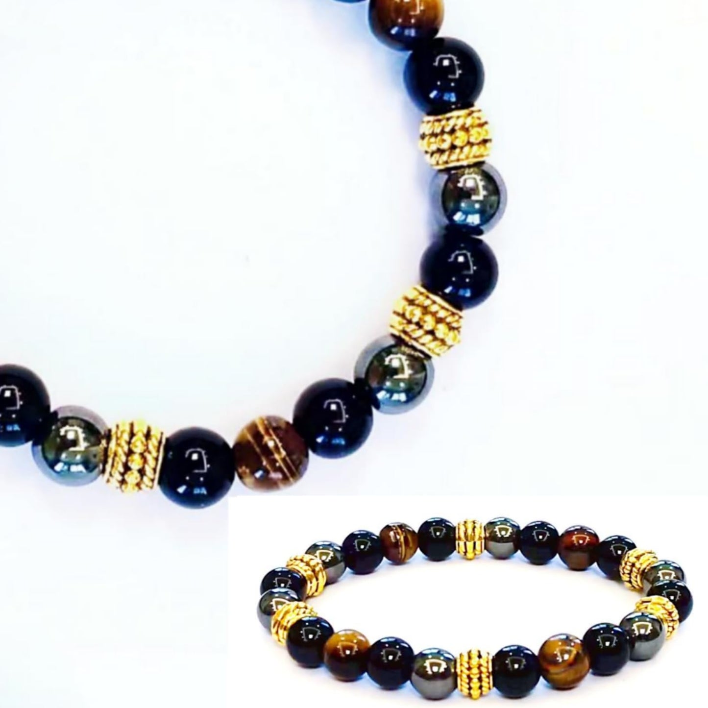 WEFRIN Triple Protection Bracelet for Bring Luck and Prosperity Hematite Black Obsidian Tiger Eye Stone Bracelets for Men Women, Beaded Buddha Healing Rope Uni Bracelet (2pcs) (E)
