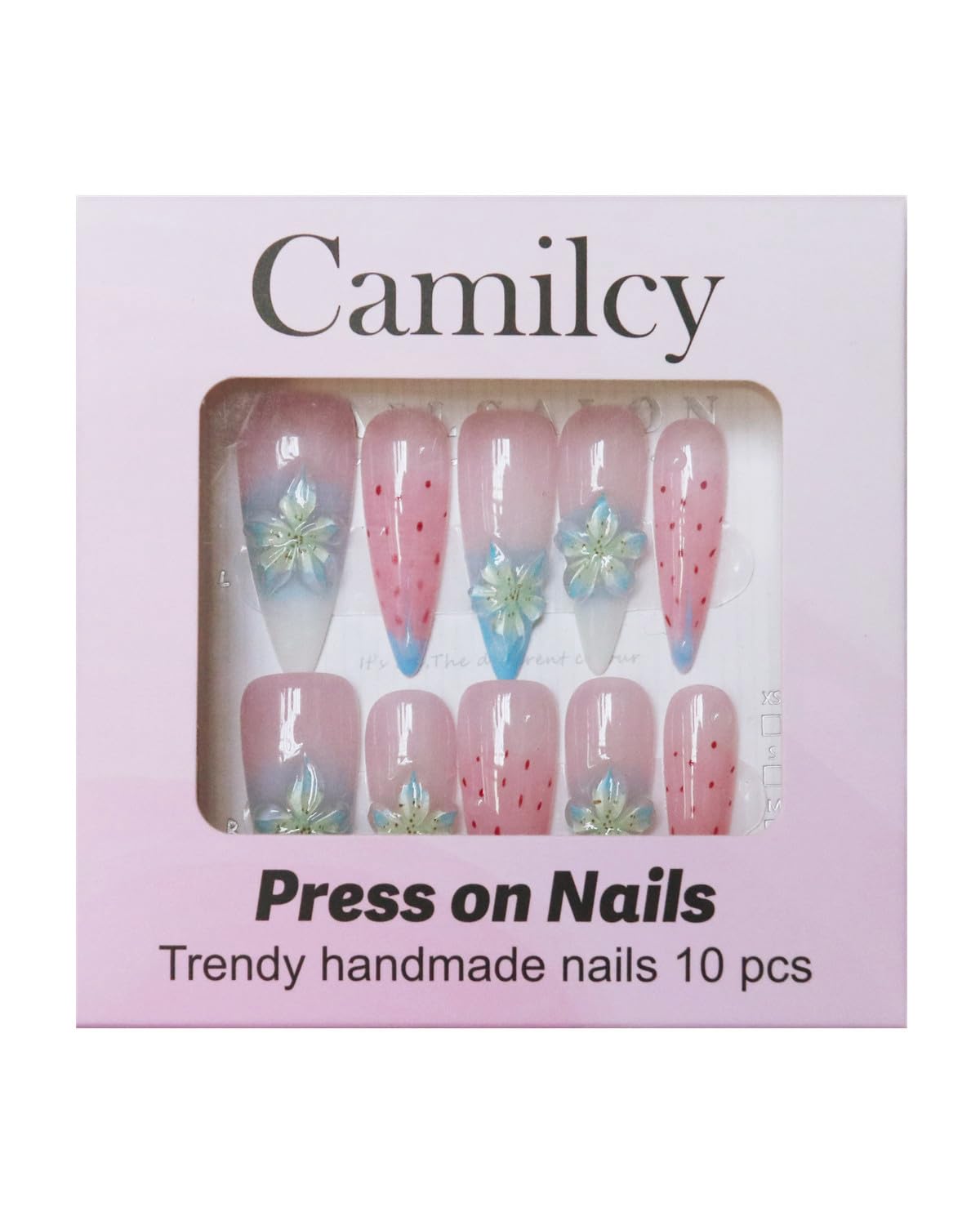CAMILCY Luxury Handmade Press on Nails Pink Blue Gradient Stiletto nail Cherry Blossom Glitter Fake Nails with 3D White Flower Acrylic Glossy Reusable Elegant Artificial Nails for Women (A022, S)