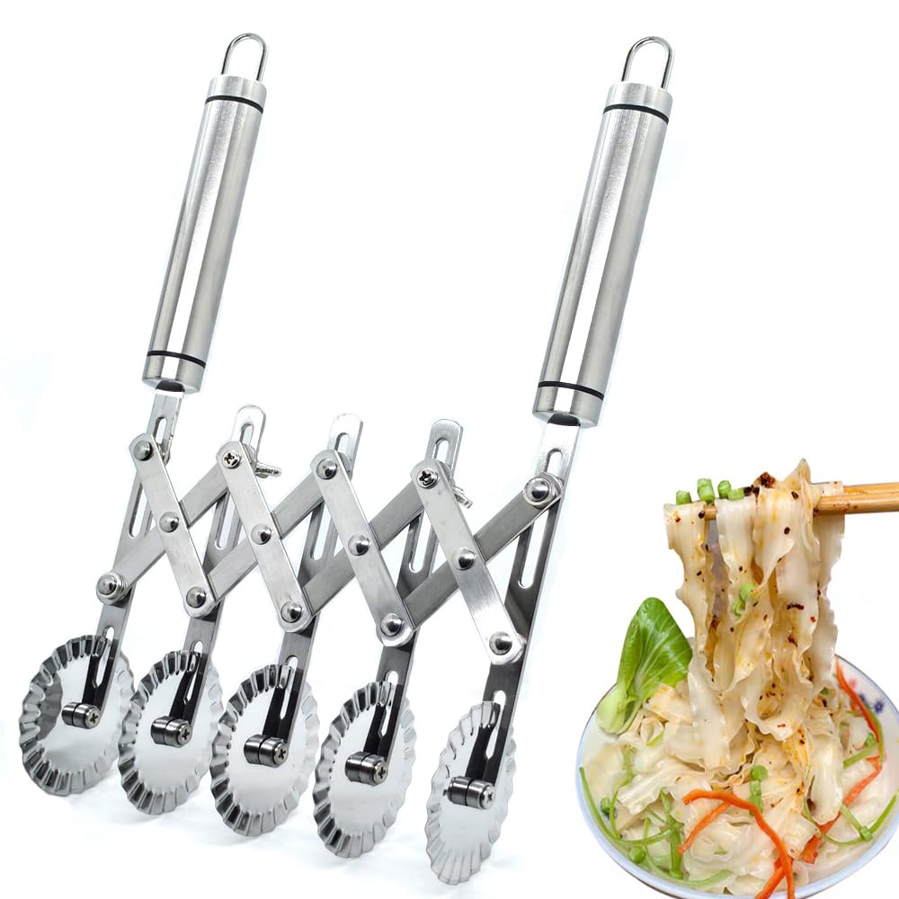 MTOMDY 5-Wheel Pastry Knife,Spaghetti And Noodle Slicer, Stainless Steel Fluted Pasta Crimping Wheel Dough Crimper Cutter Roller Ravioli Maker Tool for Pizza Noodle Cracker(with handle)