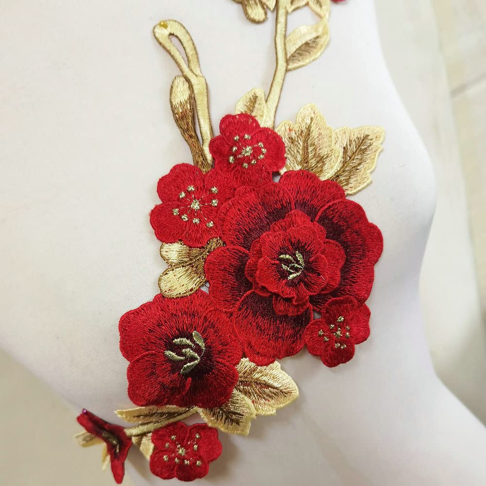 2pcs Beautiful Embroidered Flower Sewing On Patches Accessories Repair Decoration Appliques (Red A)