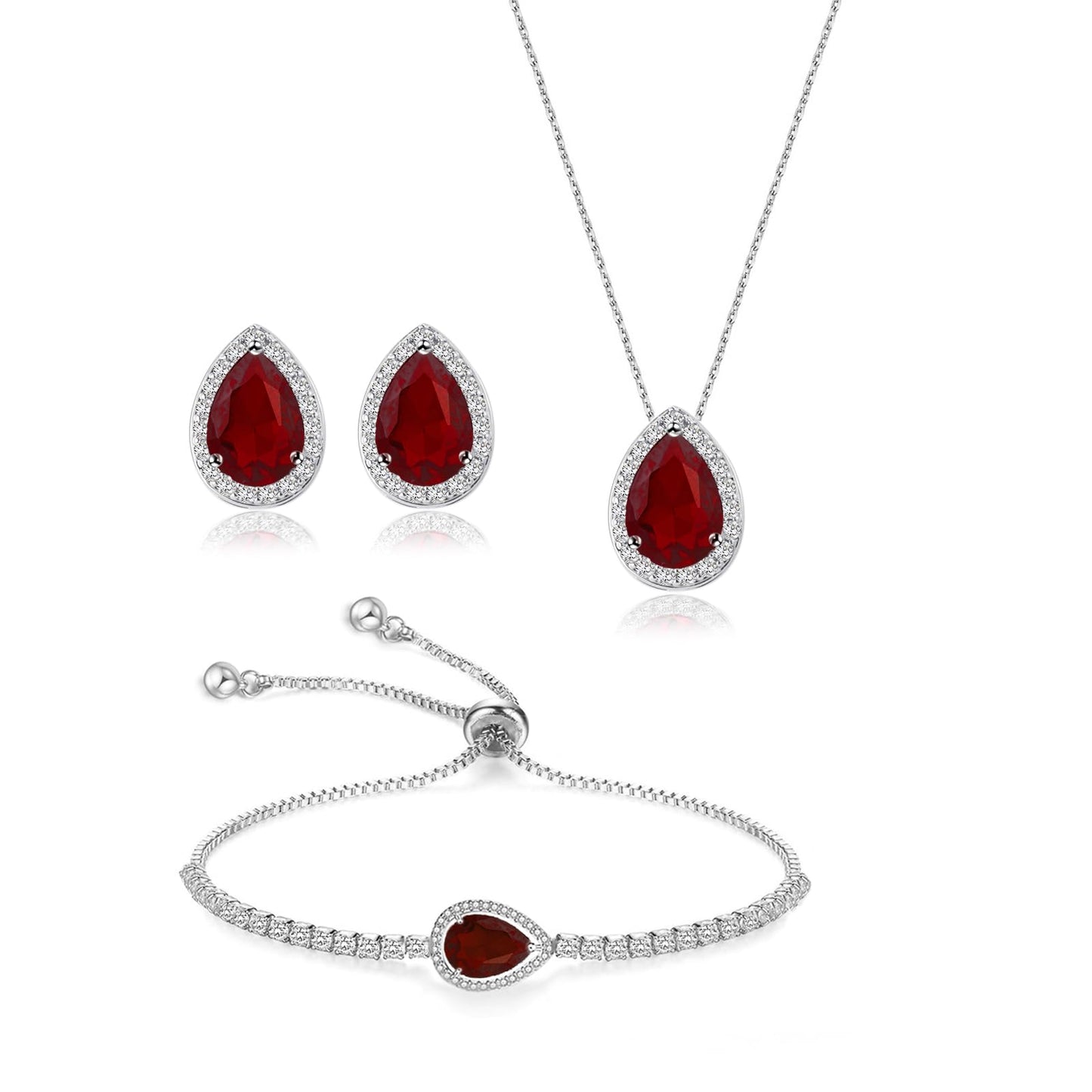 UDYLGOON Teardrop CZ Bridal Jewelry Set Imitation Diamond Earrings Necklace Bracelet for Bride Bridesmaids Wedding Prom Party (Drop-Red)