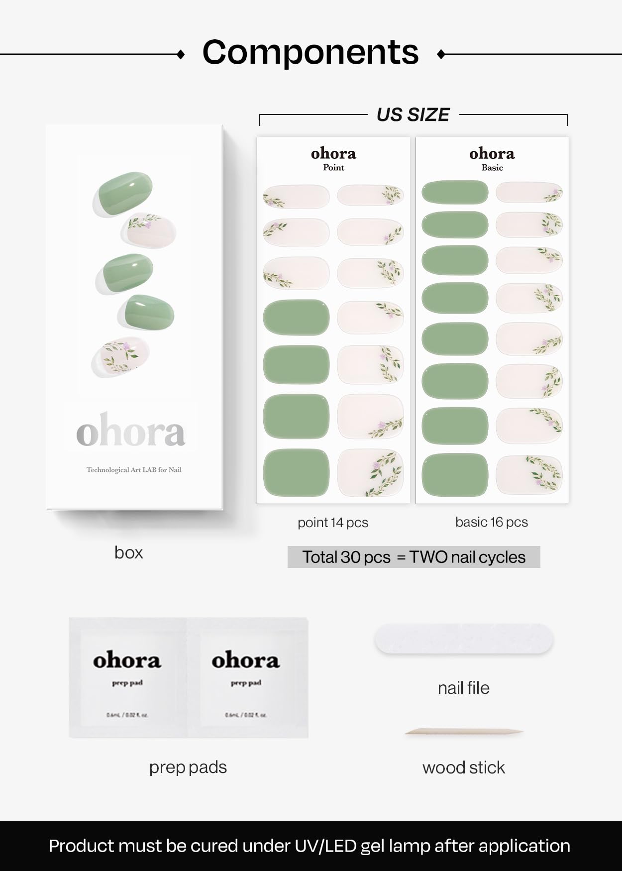 ohora Semi Cured Gel Nail Strips (N Spring Garden) - Green, Patterned, Works with Any UV/LED Lamps, Salon-Quality, Long Lasting, Easy to Apply & Remove - Includes 2 Prep Pads, Nail File & Wooden Stick