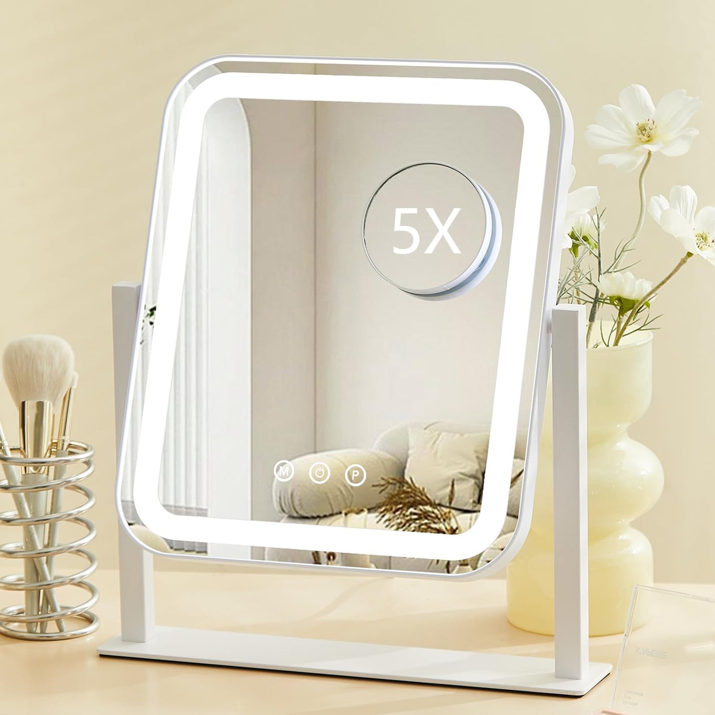 HIEEY Vanity Mirror with Lights, 14.1" x 12" Makeup Mirror with Lights, Three Color Lighting Modes, and 5X Magnification Mirror, Smart Touch Control, 360°Rotation (White,Gift Box)
