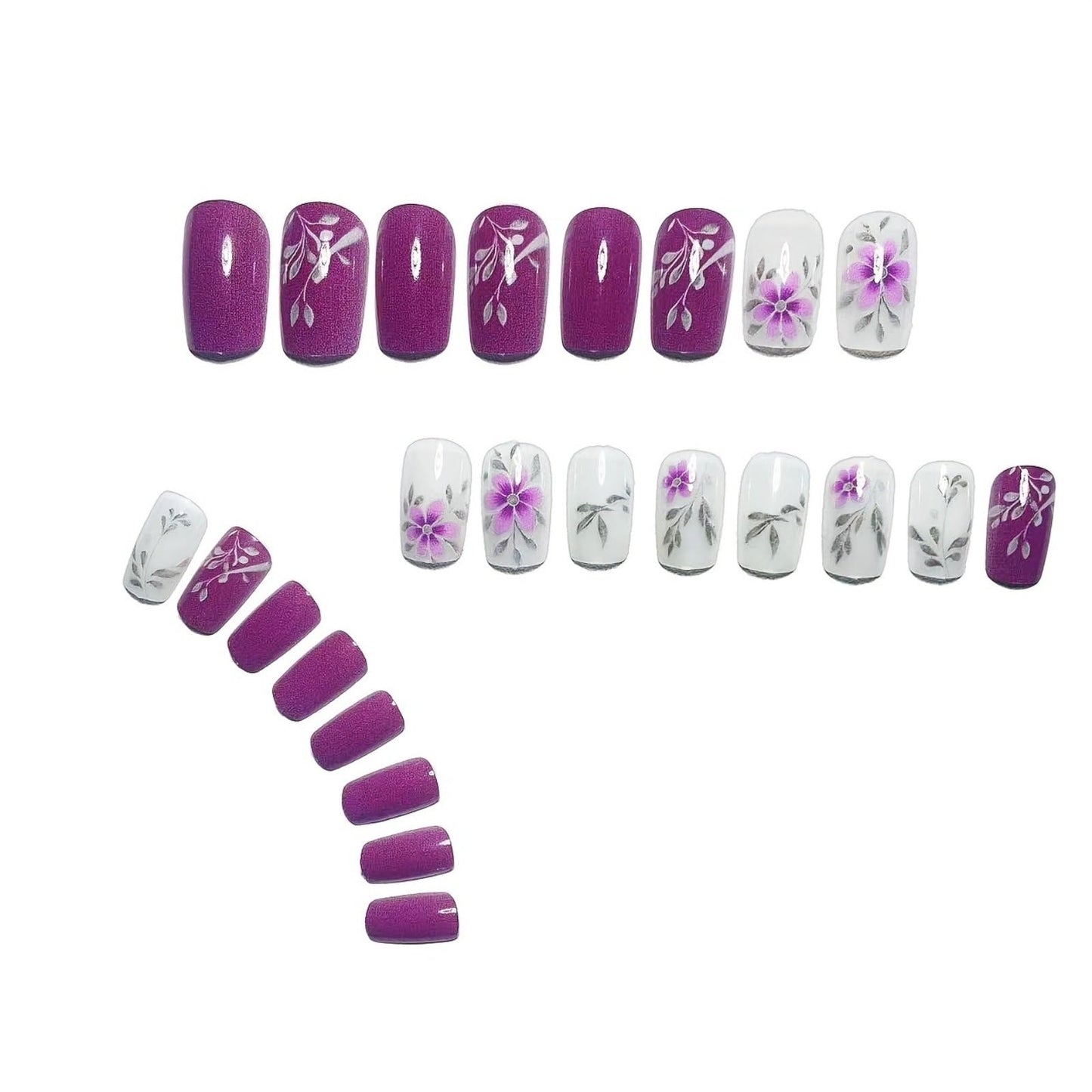 Purple Press on Nails Spring Fake Nails Medium Square False Nails Cute Flower Acrylic Nails with Silver Branch Design Full Cover Glue on Nails Summer Stick on Nails for Women Manicure Decoration 24Pcs
