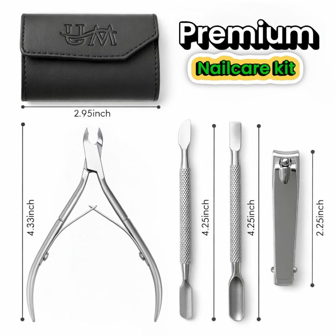 UM Supplies 4PCS Nail Care Set + Storage Pouch | Professional Cuticle Nipper with 2 Pushers and Nail Cutter Stainless Steel | Manicure Pedicure Tool | Jaw 14 (5mm) Double Spring