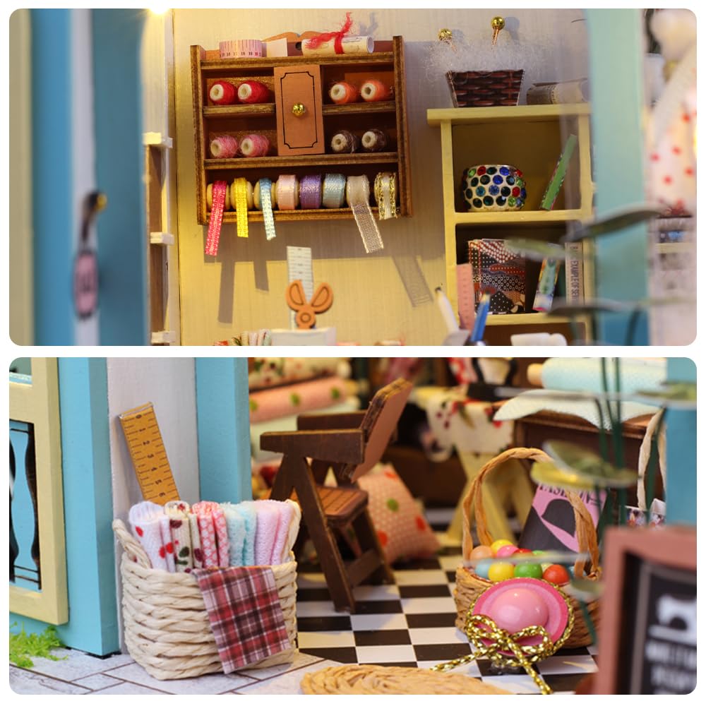DIY Miniature Dollhouse Kit, Mini House Making Kit with Furnitures and Light, Tiny House Kit to Build for Adults, Hobby Craft Gift for Mothers Day, Tailor's Shop