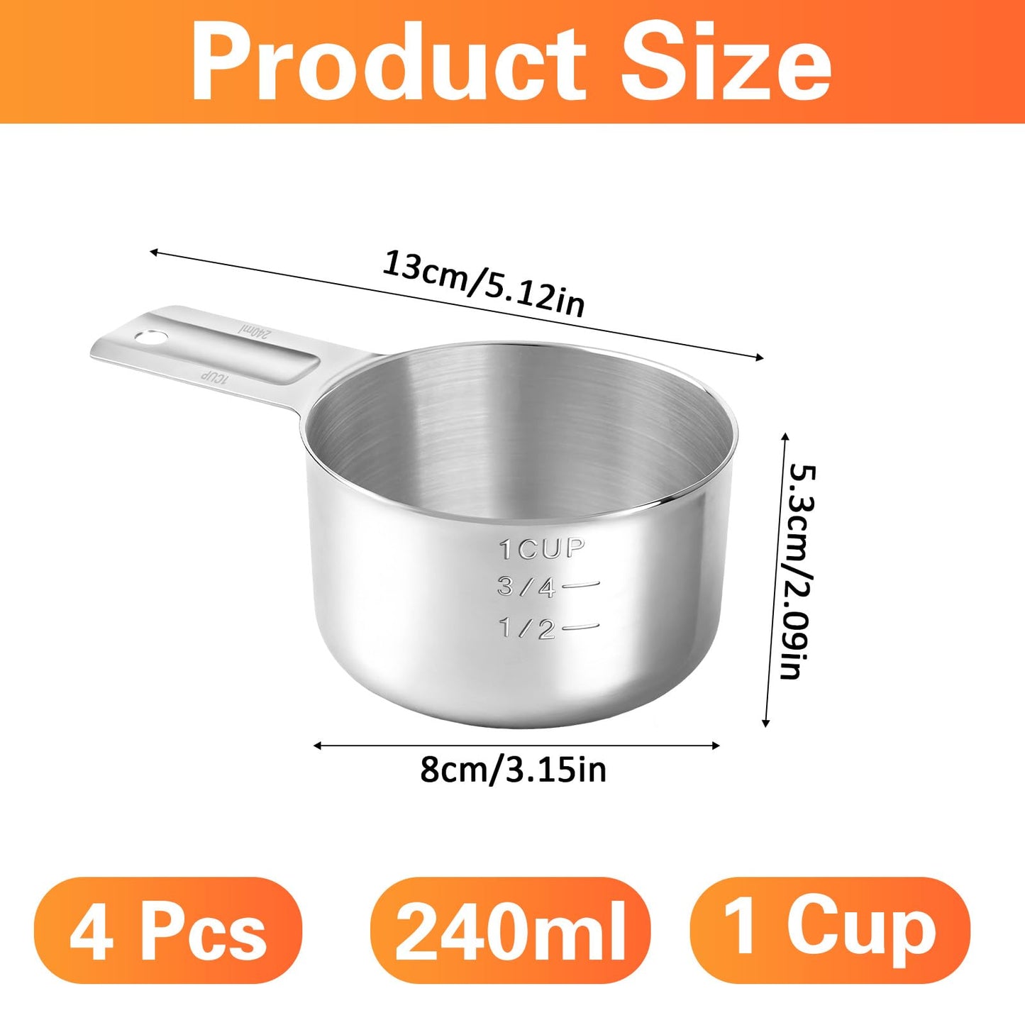 Akamino 4 Pack 1 Cup Stainless Steel Measuring Cup, 250 ml | 240 cc | 8 oz Single Measuring Cups with Handle, Small Measuring Scoops Coffee Scoop for Kitchen Cooking Baking