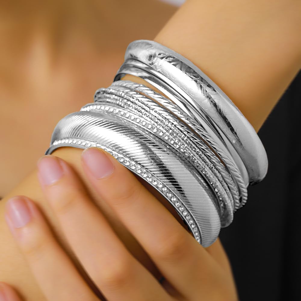 RINTOLER 10Pcs Silver Bangle Bracelets Set for Women - Multi Layer Stackable Textured Chunky Silver Bracelets Boho Jewelrys for Women. (H set 9pc Silver)