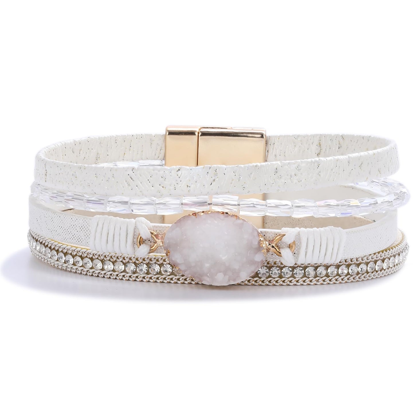 FANCY SHINY Boho Leather Wrap Bracelet Stackable Chunky Crystal Cuff Bracelets with Magnetic Clasp Cowboy Cowgirl Western Summer Beach Outfits Jewelry Gifts for Women (7.7", White)