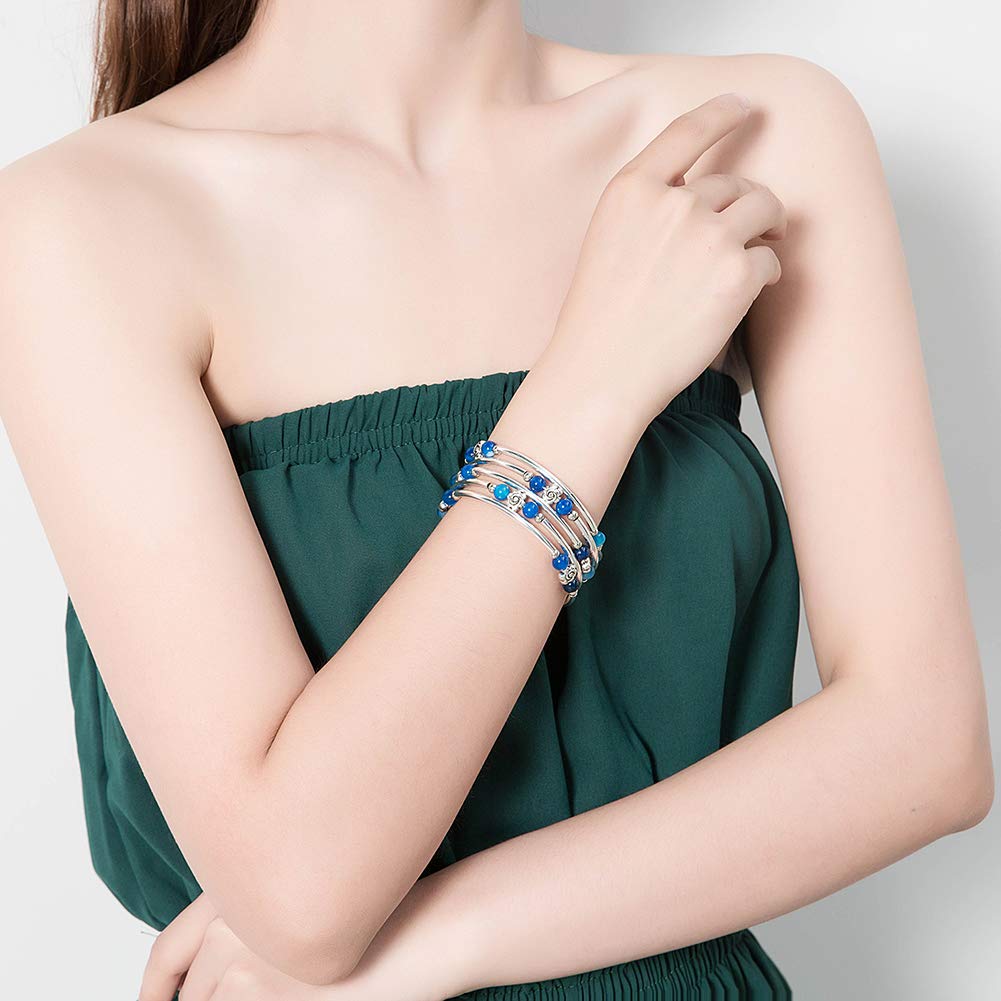 BULINLIN Wrap Bangle Rose Bead Bracelet - Beaded Bracelet with Natural Agate Stone Gifts For Women(01-Agate blue)