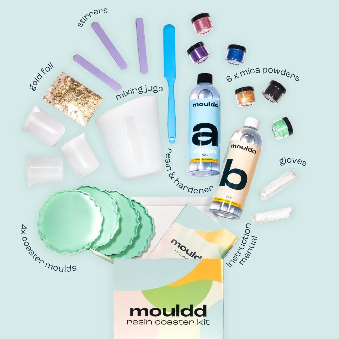 Mouldd Resin at Home Coaster Kit for Adults. for Beginners, Makes 10 Drinks Coasters. Craft Kit for Adults. Includes Resin, Tools, Colours, Gloves and How-to-Guide (Clear - Jagged)