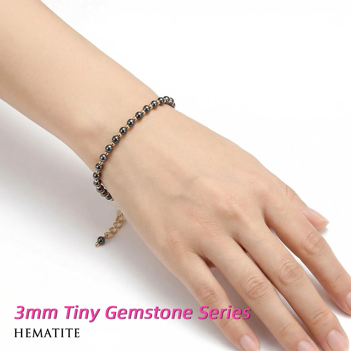 Morchic Hematite Gemstone Adjustable Bracelet for Women, 3mm Tiny Beads Energy Gem Charm Jewelry, Birthday Gift 7.1"