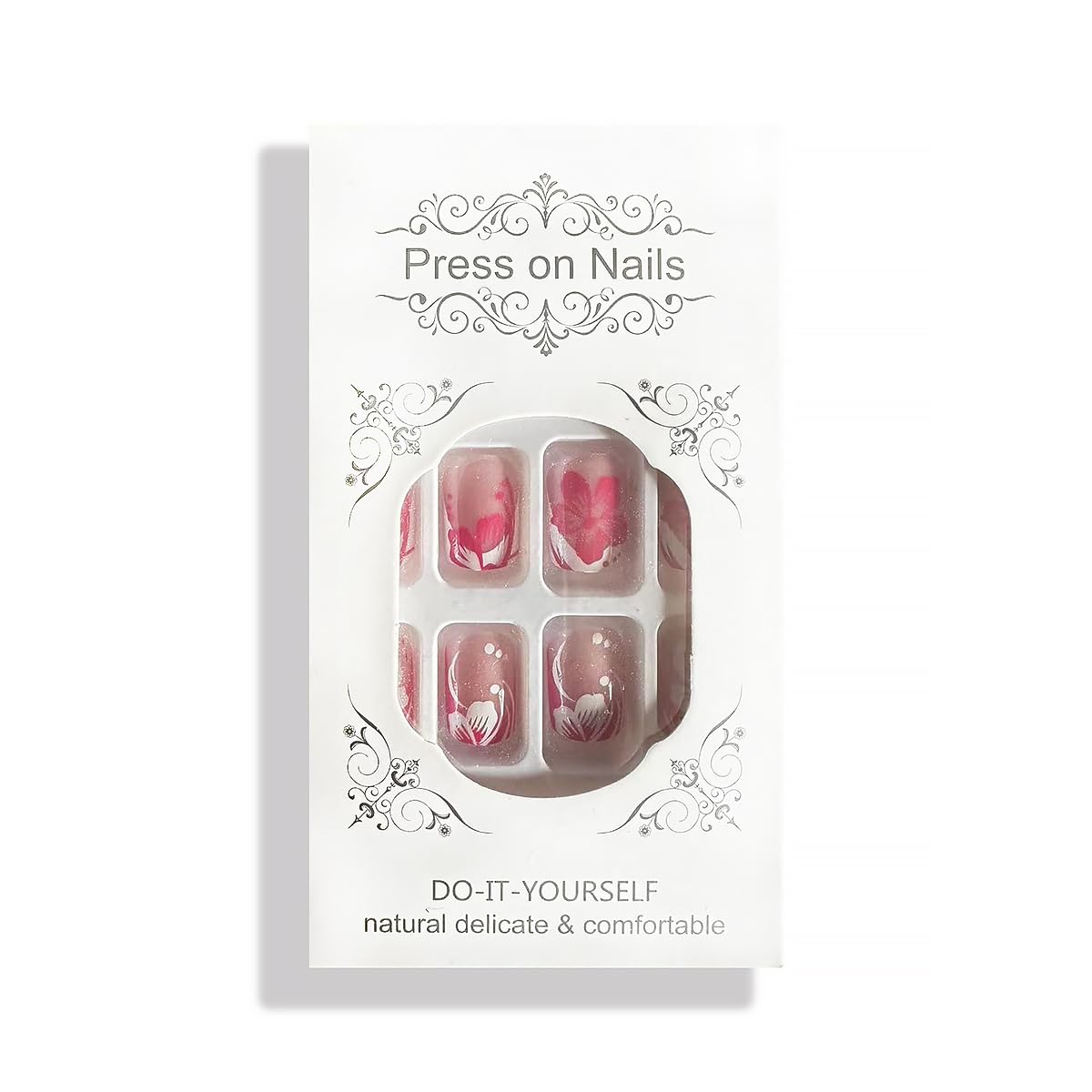 Pink White French Tip Press on Nails Flower Fake Nails Short Square False Nails Spring Summer Glue on Nails Full Cover Artificial Stick on Nails for Women Girls DIY Manicure Salon 24Pcs