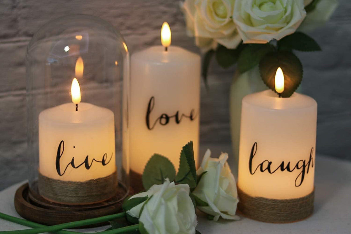 GenSwin Flameless LED Candles with Hemp Rope & Remote Timer, Real Wax Battery Operated Pillar Candles Live Laugh Love, Realistic 3D Wick Flickering Gift (D3 x H4.7 5.7" 6.7", Pack of 3)