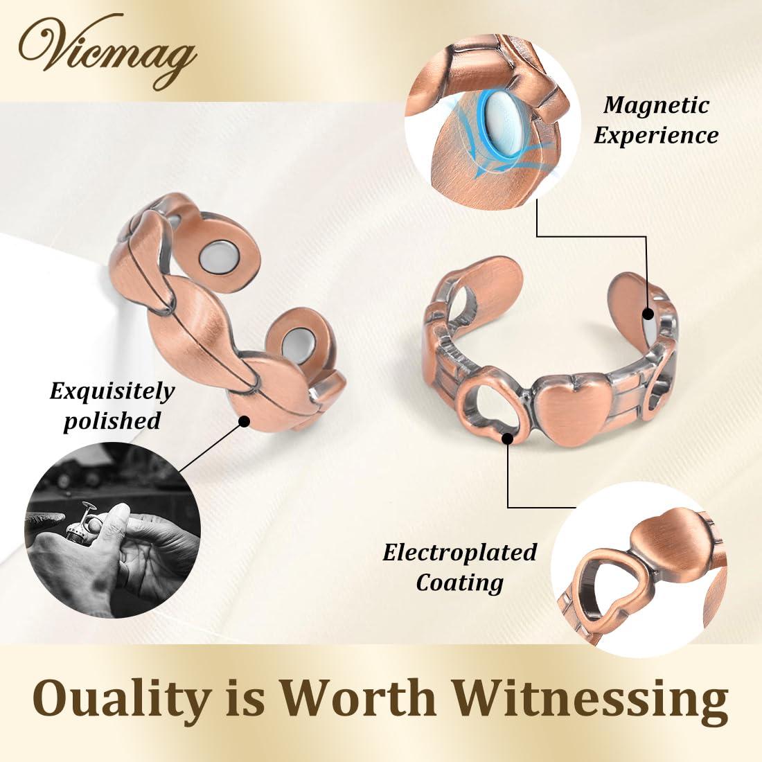 Vicmag 2PCS Magnetic Copper Rings for Women & Men,99.99% Pure Copper Ring with 9X Magnets Gift Adjustable(Leaf & Love)