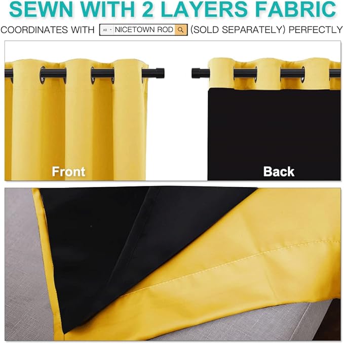 NICETOWN Blackout Window Curtain Panels, Heat and Cold Blocking Drapes for Nursery, 84 inches Drop Thermal Insulated Draperies for Patio Sliding Glass Door (Bright Yellow, 2 Pieces, 52 inches Wide)