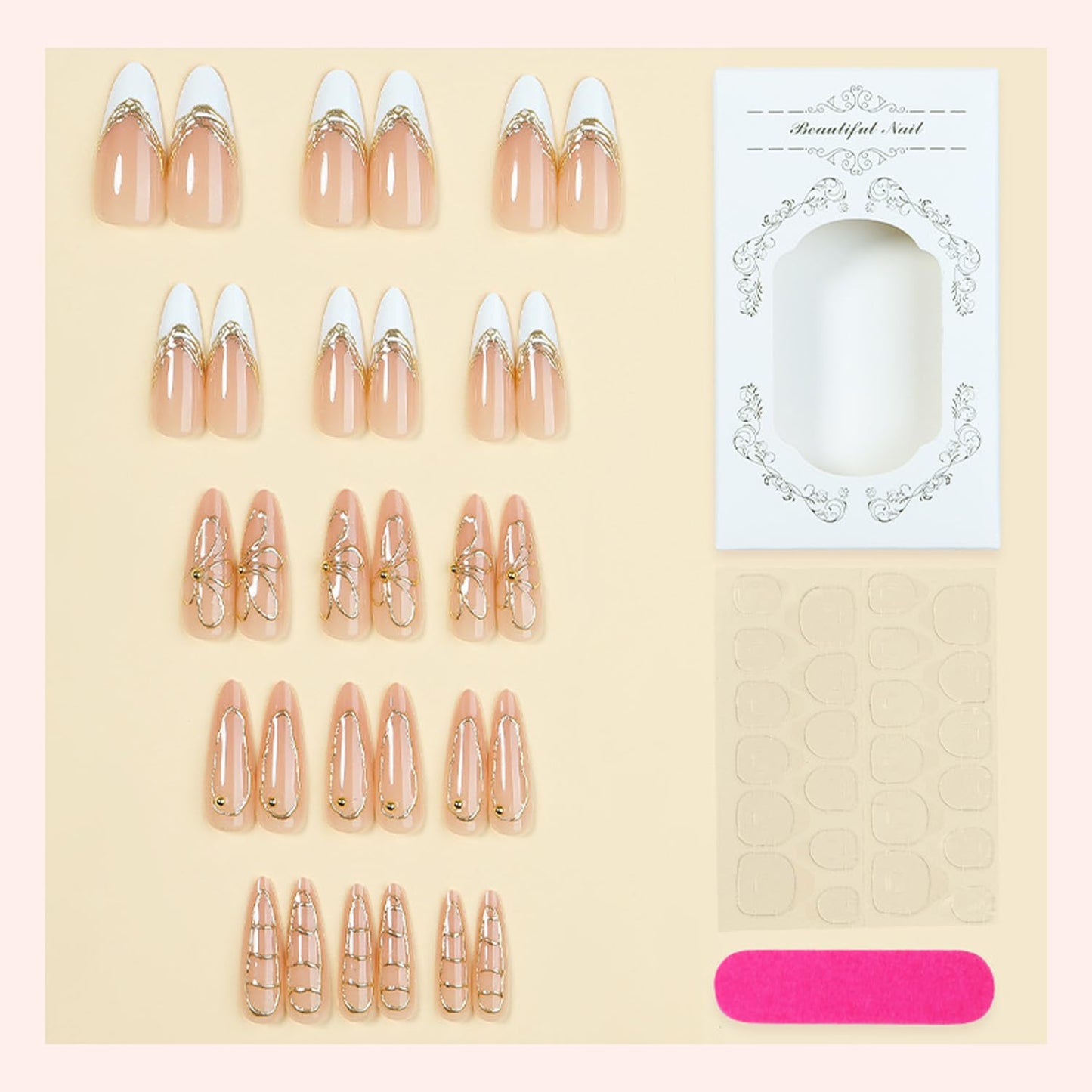 Long Stiletto Press On Nails French Tip Fake Nails 3D Gold With Flower Design Nude False Nails Acrylic Stick On Nail Cover Artificial Nail For Women Manicure 24pcs