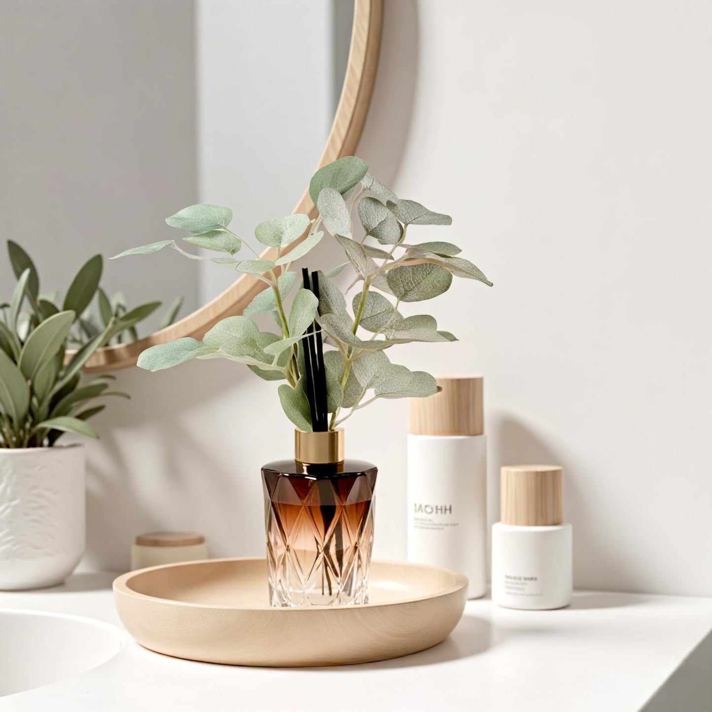 Greenery Reed Diffuser Bottle, Empty Bottle with Scent Diffuser Sticks Fake Eucalyptus, Fragrance Aromatherapy Essential Oil DIY Glass Jar for Bathroom Bedroom Shelf Office Decor (A Style)
