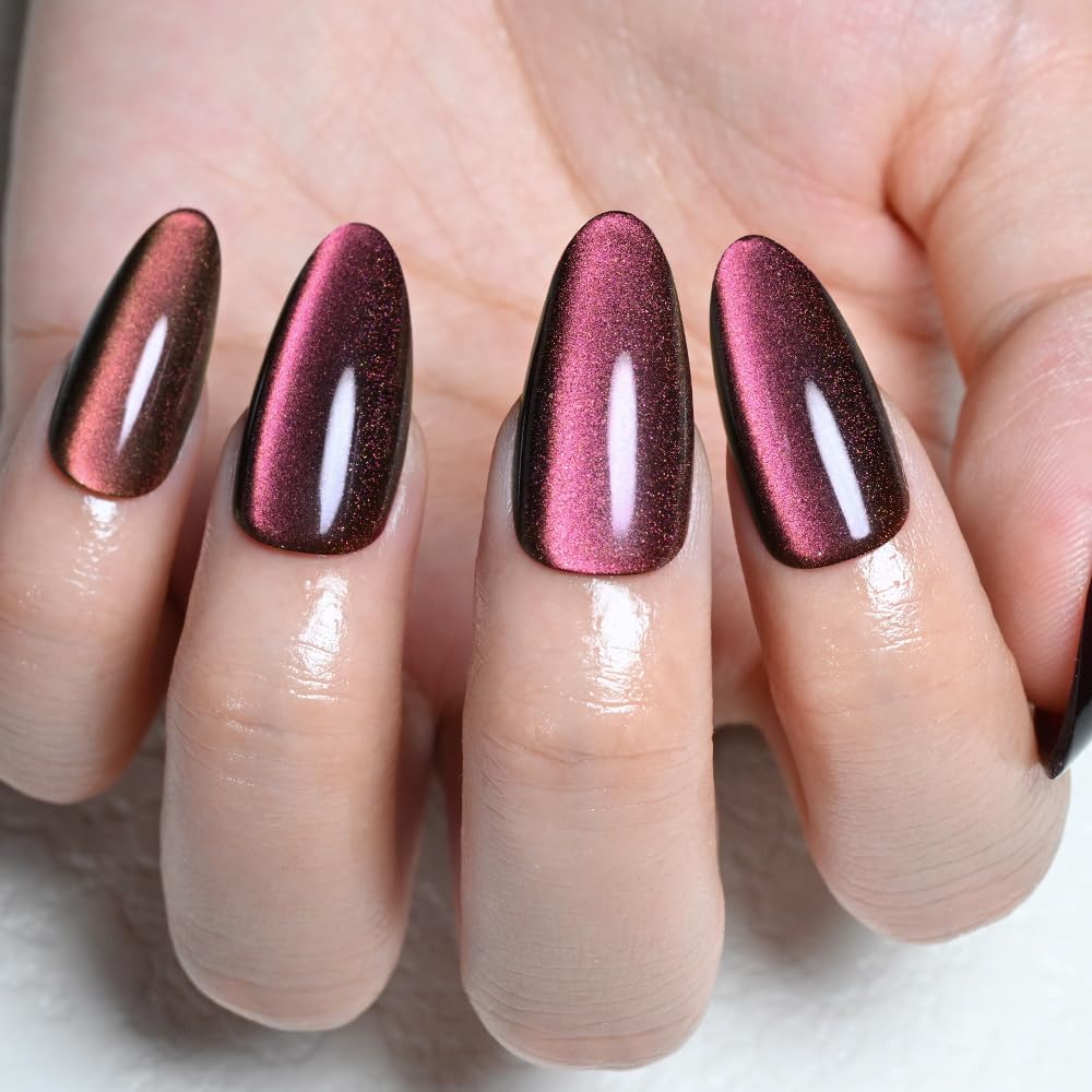 evpct Mauve Red Cat Eye Chrome Press on Nails Almond Medium with Design, Red Holographic Medium Almond Stick on Fake Nails for Women, Glossy Cat Eye Effect, Perfectly Fit Salon-quality Soft False Nail