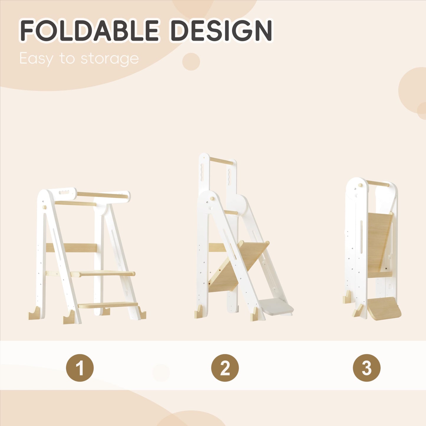 Kids Kitchen Step Stool, Foldable Toddler Tower, Height Adjustable Toddler Standing Tower with Safty Rail and Anti-Slip Device, Wooden Stool for 1.5-6 Years (Wood Color-White)