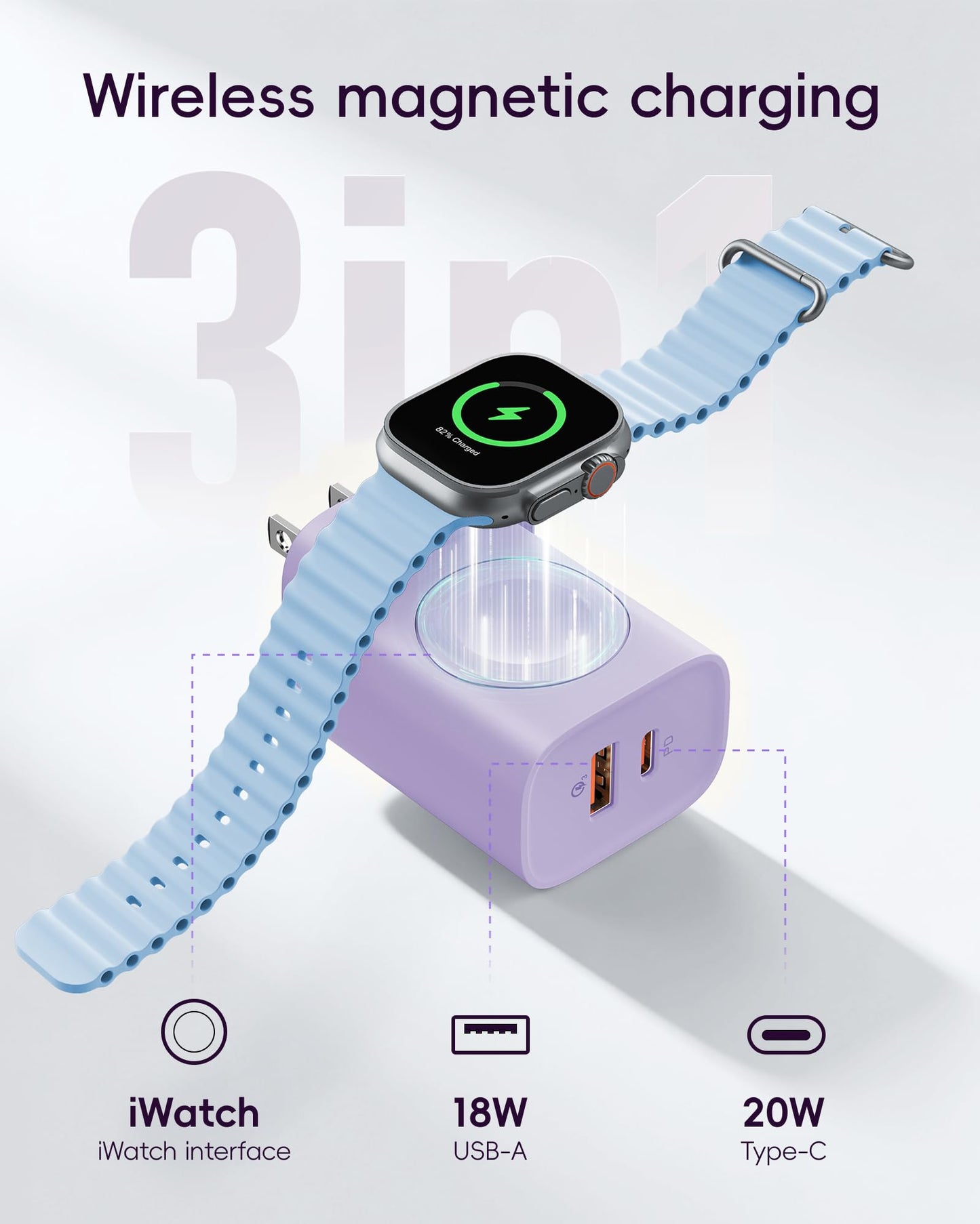 VRURC Charger for iPhone & Apple Watch, 20W USB C Fast Charging Block, 3-in-1 Compact Travel Adapter with 2 Port for iPhone 17/16/15/14/13, Wireless Magnetic for iWatch SE/11/10/9/8/7/6/5/4-Purple