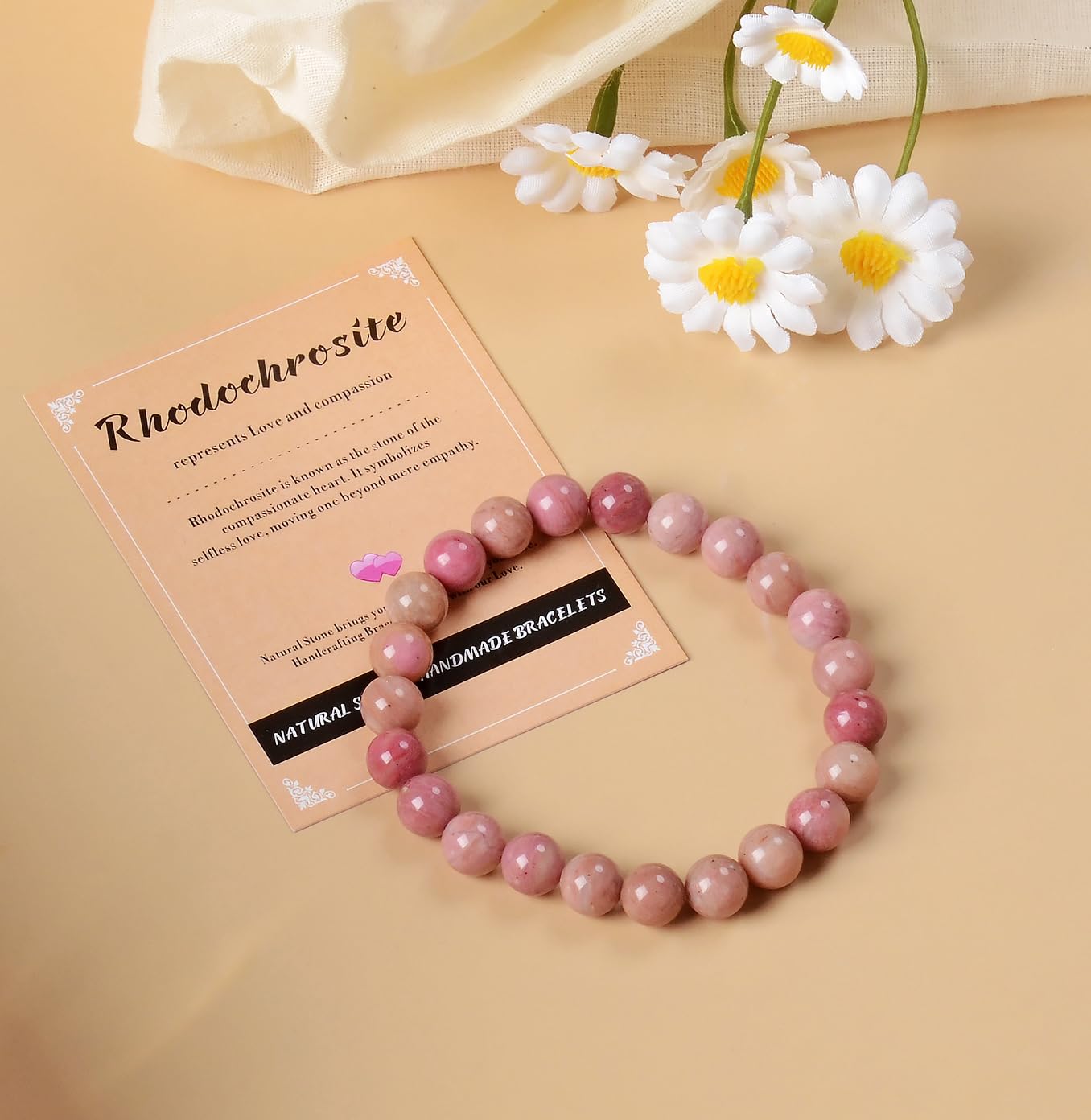 AD Beads Handmade Gemstone Stretch Elastic Bracelet Crystal Healing Reiki Nature's Beauty and Spiritual Essence Unisex (8mm, Rhodochrosite)