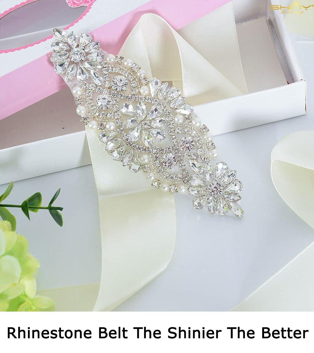 ShiDianYi Rhinestone and Pearl Beaded Applique for Bridal sash, Wedding Headband Wedding Belst Bridal Sash Silver Rhinestone Applique